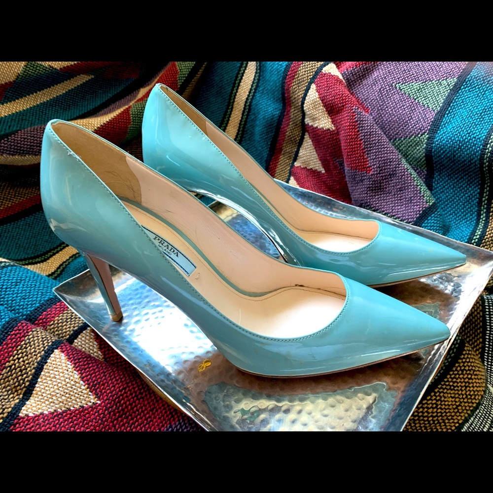 Blue Prada Patent Leather Pumps